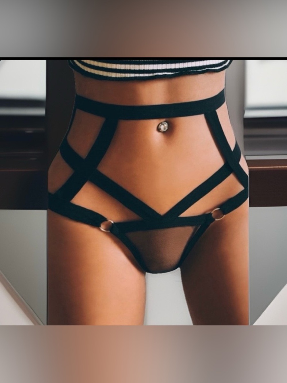 Sexy Bondage High Waist Striped Panties With Silver Hardware & Back Straps NWT